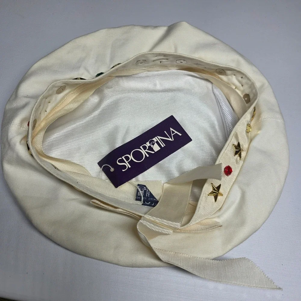 Vintage Sportina‎ White Cotton Beret Hat Star Studs Rhinestone Bow Celestial NWT